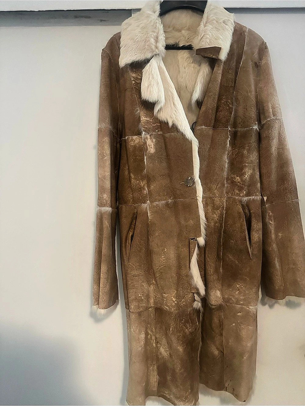 Rabbit Fur Coat, Long Patchwork, Tan & Cream, Fur Collar